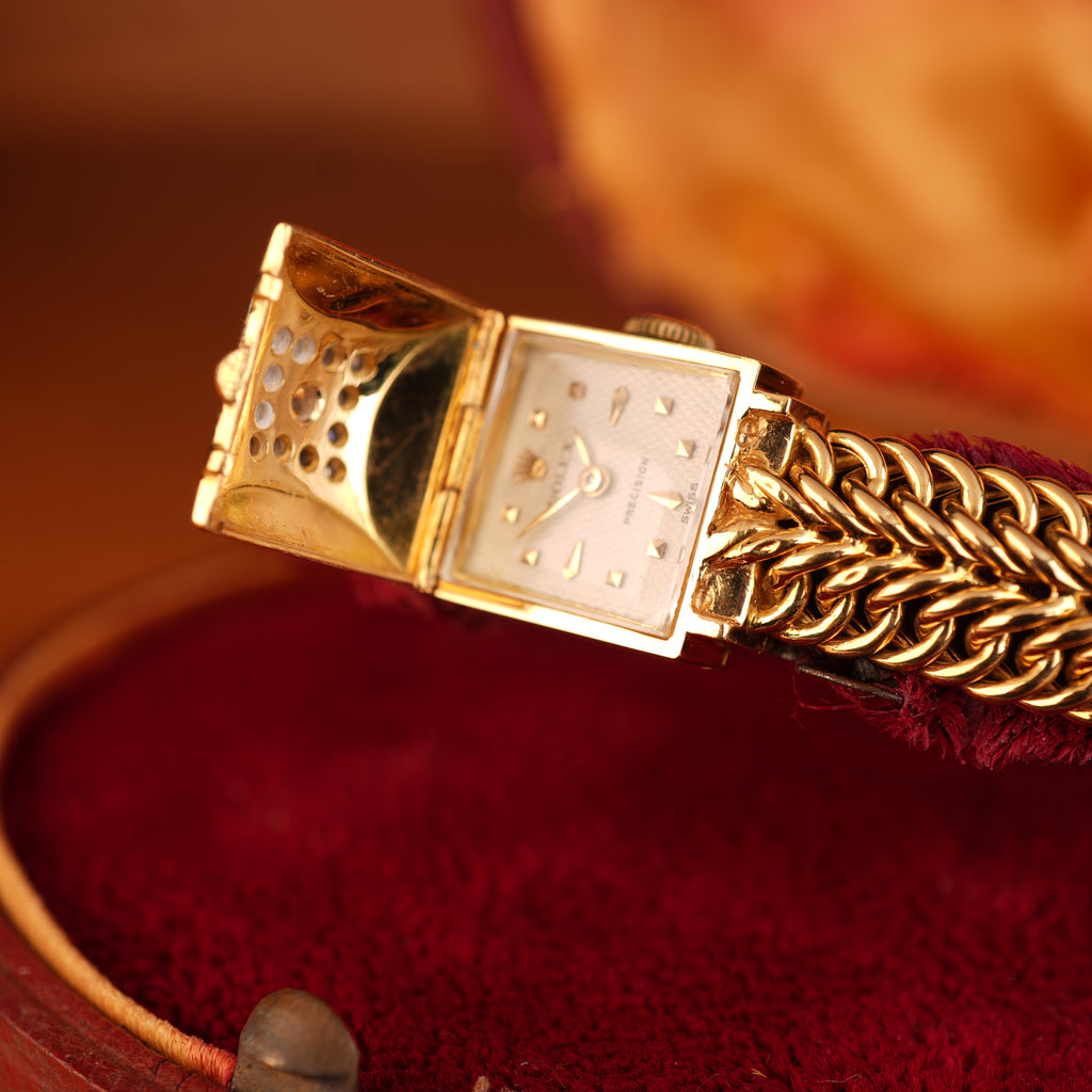 Vintage 1950s Rolex Precision Peekaboo 18K Yellow Gold Diamond Bracelet Watch by Carl Bucherer
