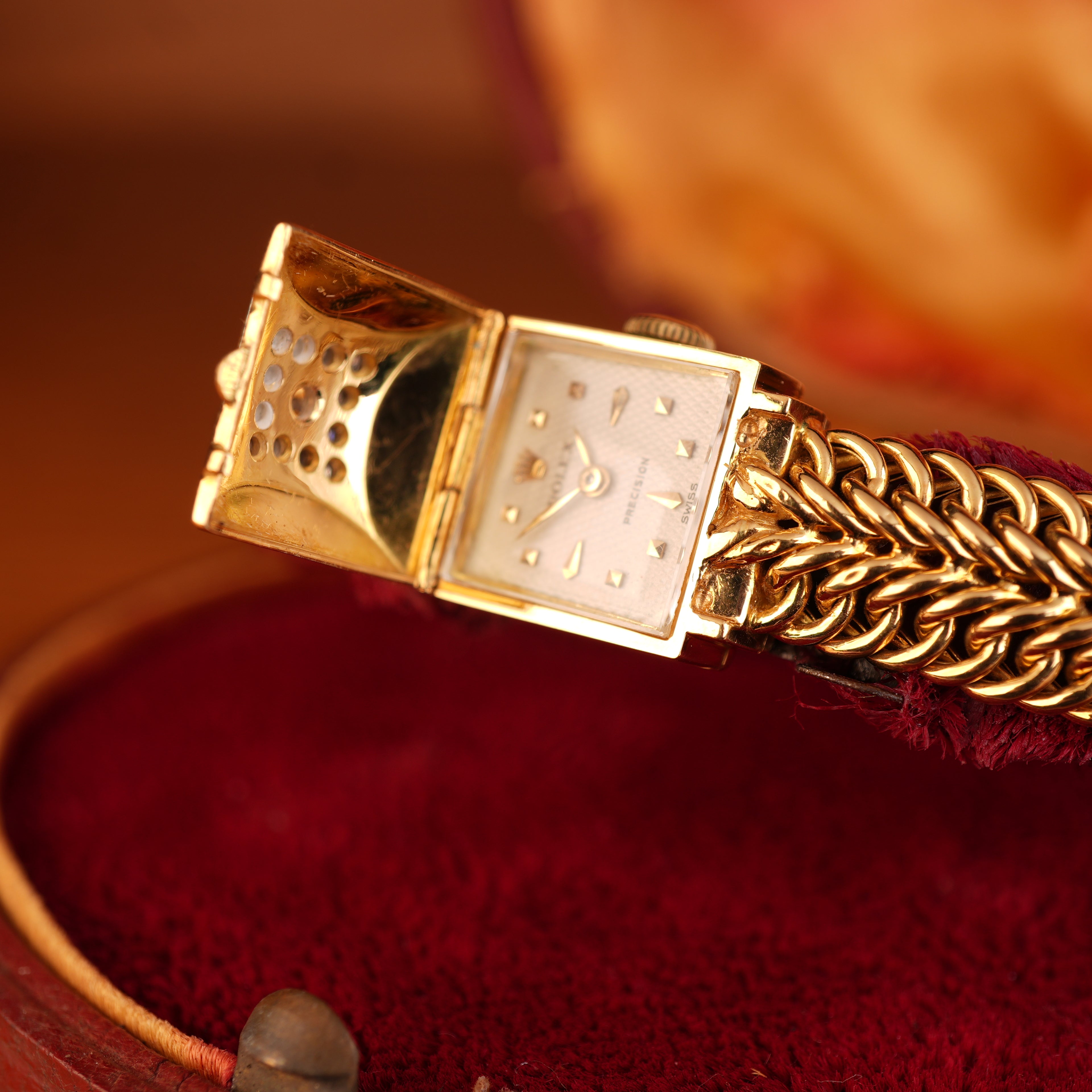 Vintage 1950s Rolex Precision Peekaboo 18K Yellow Gold Diamond Bracelet Watch by Carl Bucherer