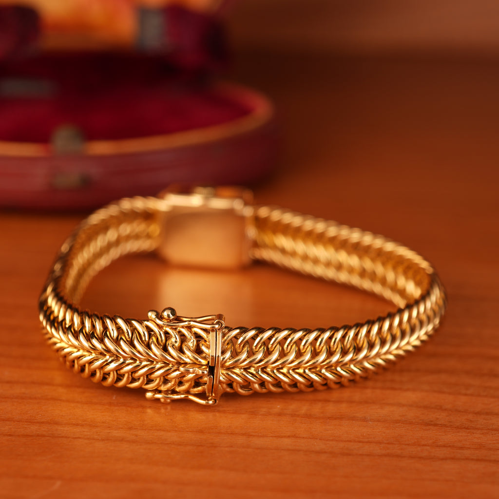 Vintage 1950s Rolex Precision Peekaboo 18K Yellow Gold Diamond Bracelet Watch by Carl Bucherer