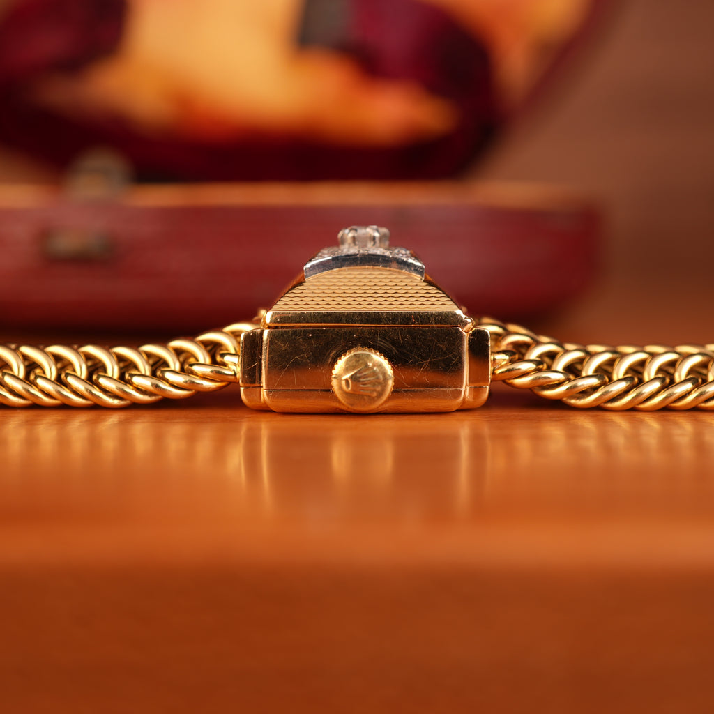 Vintage 1950s Rolex Precision Peekaboo 18K Yellow Gold Diamond Bracelet Watch by Carl Bucherer