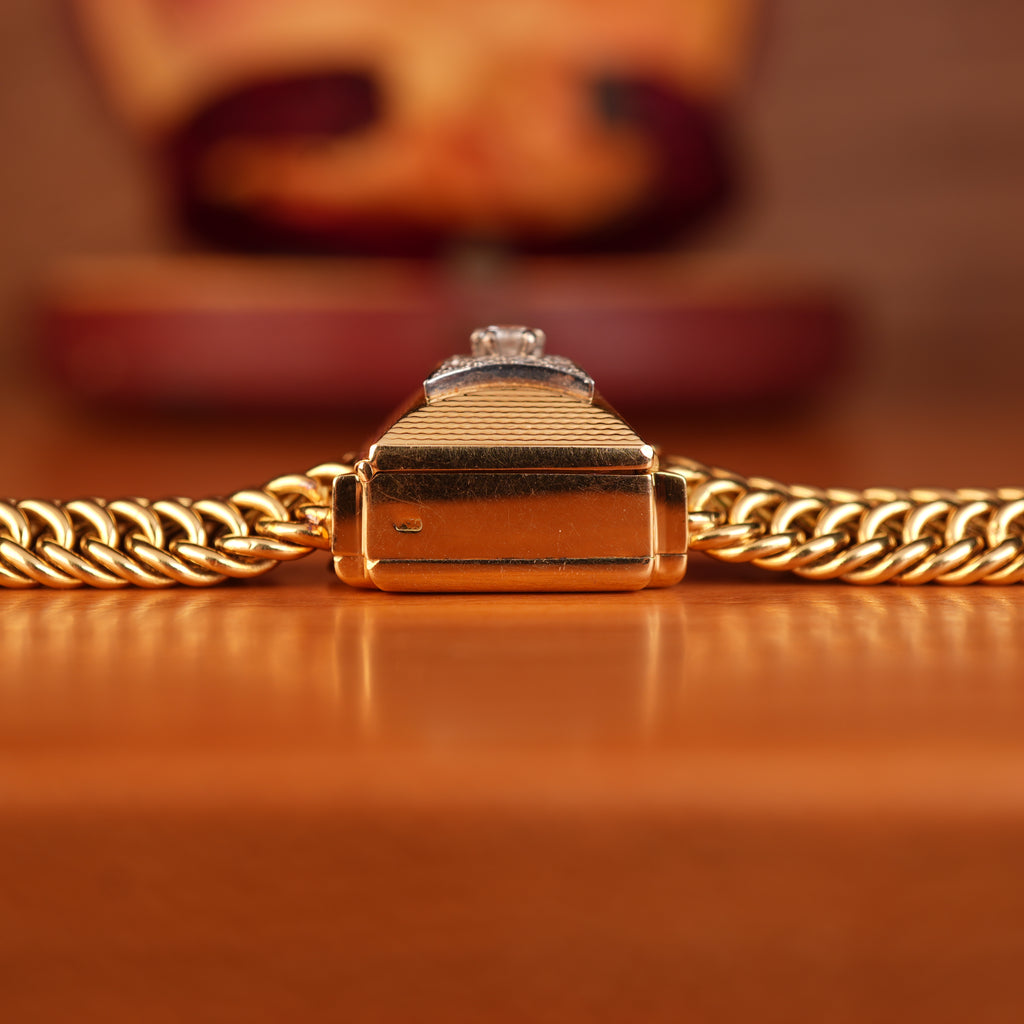 Vintage 1950s Rolex Precision Peekaboo 18K Yellow Gold Diamond Bracelet Watch by Carl Bucherer