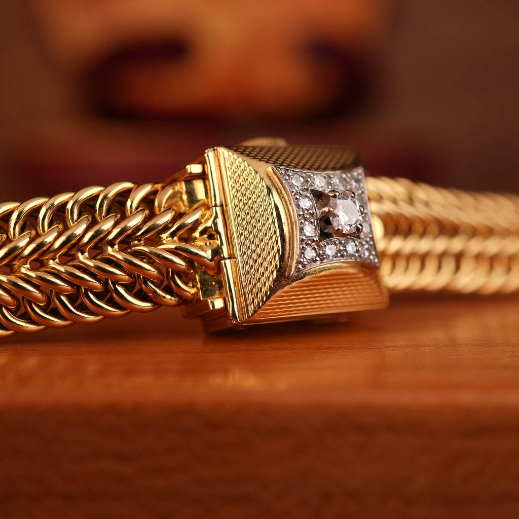 Vintage 1950s Rolex Precision Peekaboo 18K Yellow Gold Diamond Bracelet Watch by Carl Bucherer