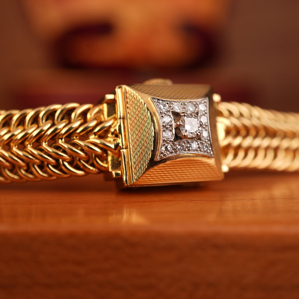 Vintage 1950s Rolex Precision Peekaboo 18K Yellow Gold Diamond Bracelet Watch by Carl Bucherer