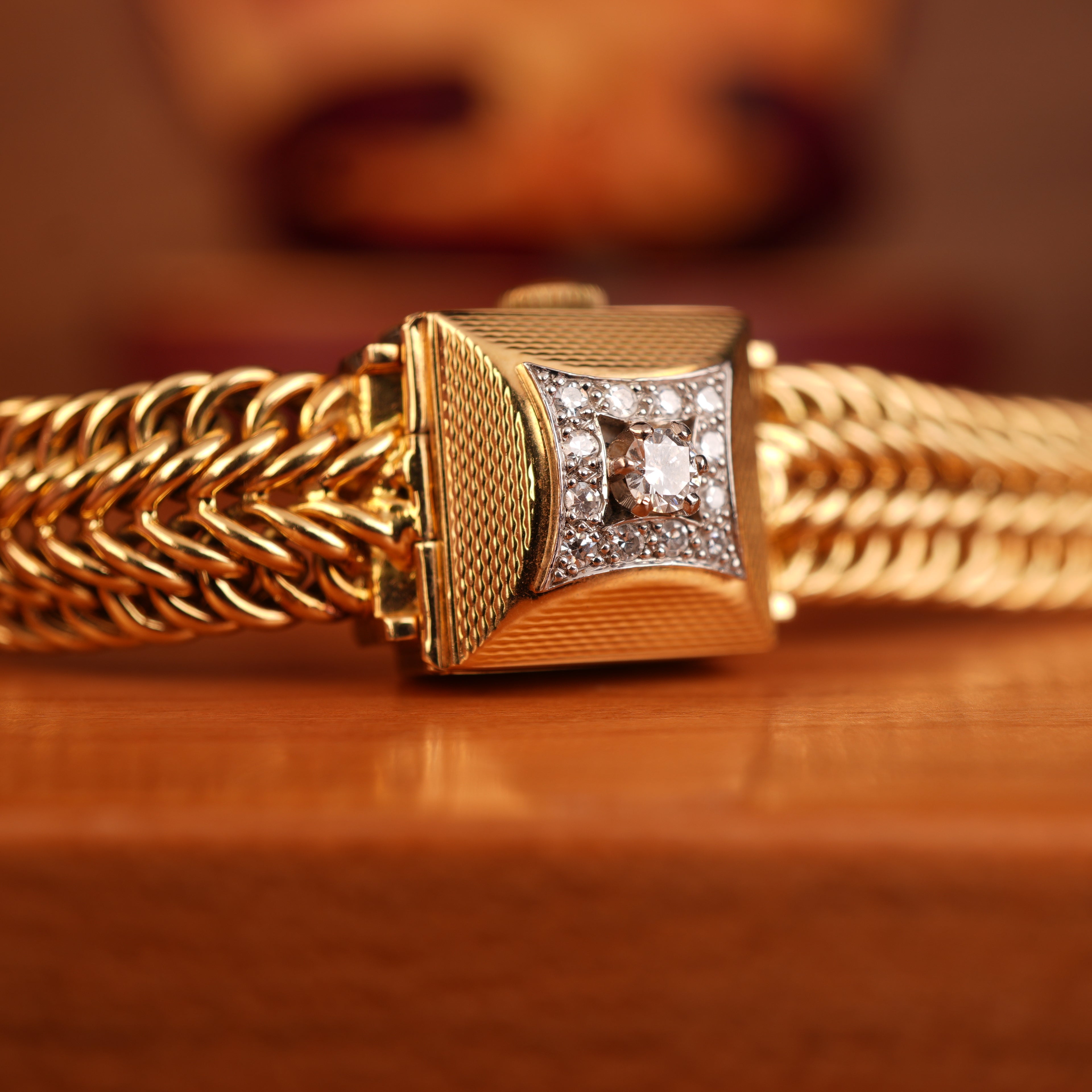 Vintage 1950s Rolex Precision Peekaboo 18K Yellow Gold Diamond Bracelet Watch by Carl Bucherer