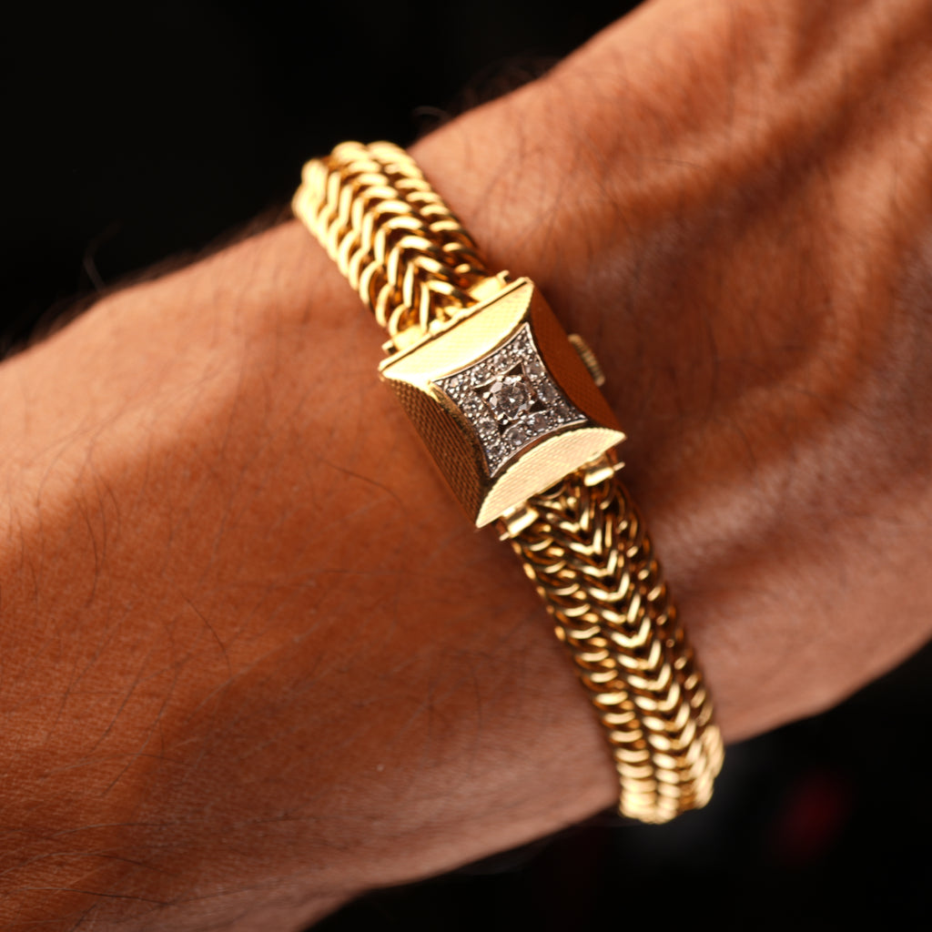 Vintage 1950s Rolex Precision Peekaboo 18K Yellow Gold Diamond Bracelet Watch by Carl Bucherer