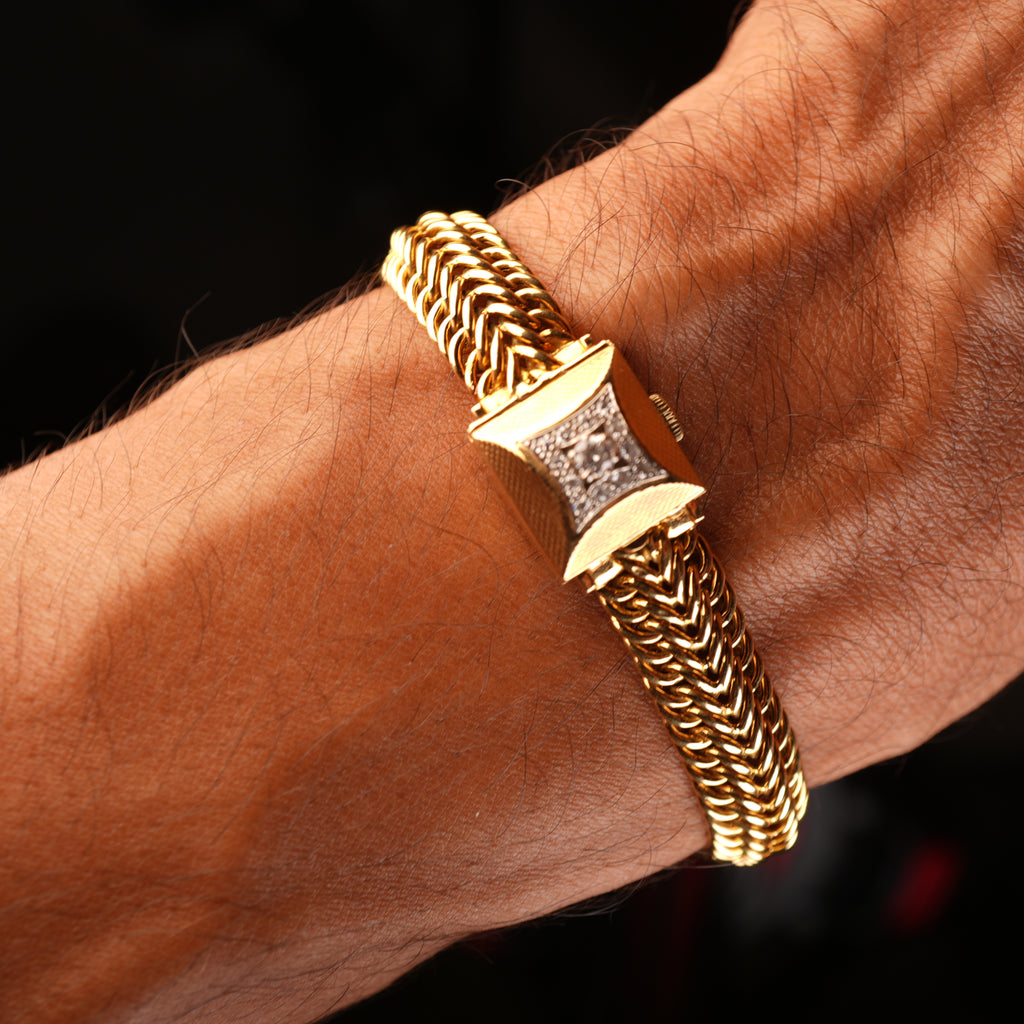 Vintage 1950s Rolex Precision Peekaboo 18K Yellow Gold Diamond Bracelet Watch by Carl Bucherer