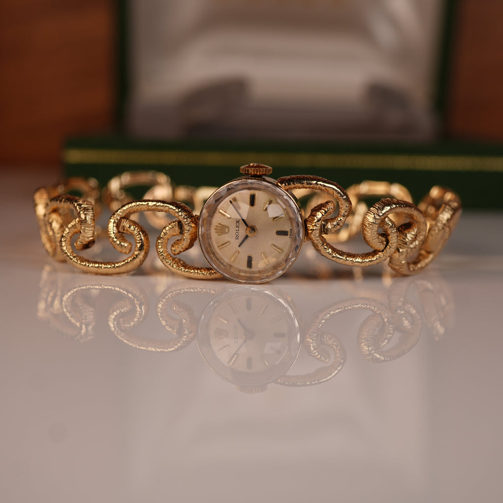 1970s Rolex “Golden Chain” Unique Mid-Century Cocktail Watch Solid Gold with Box