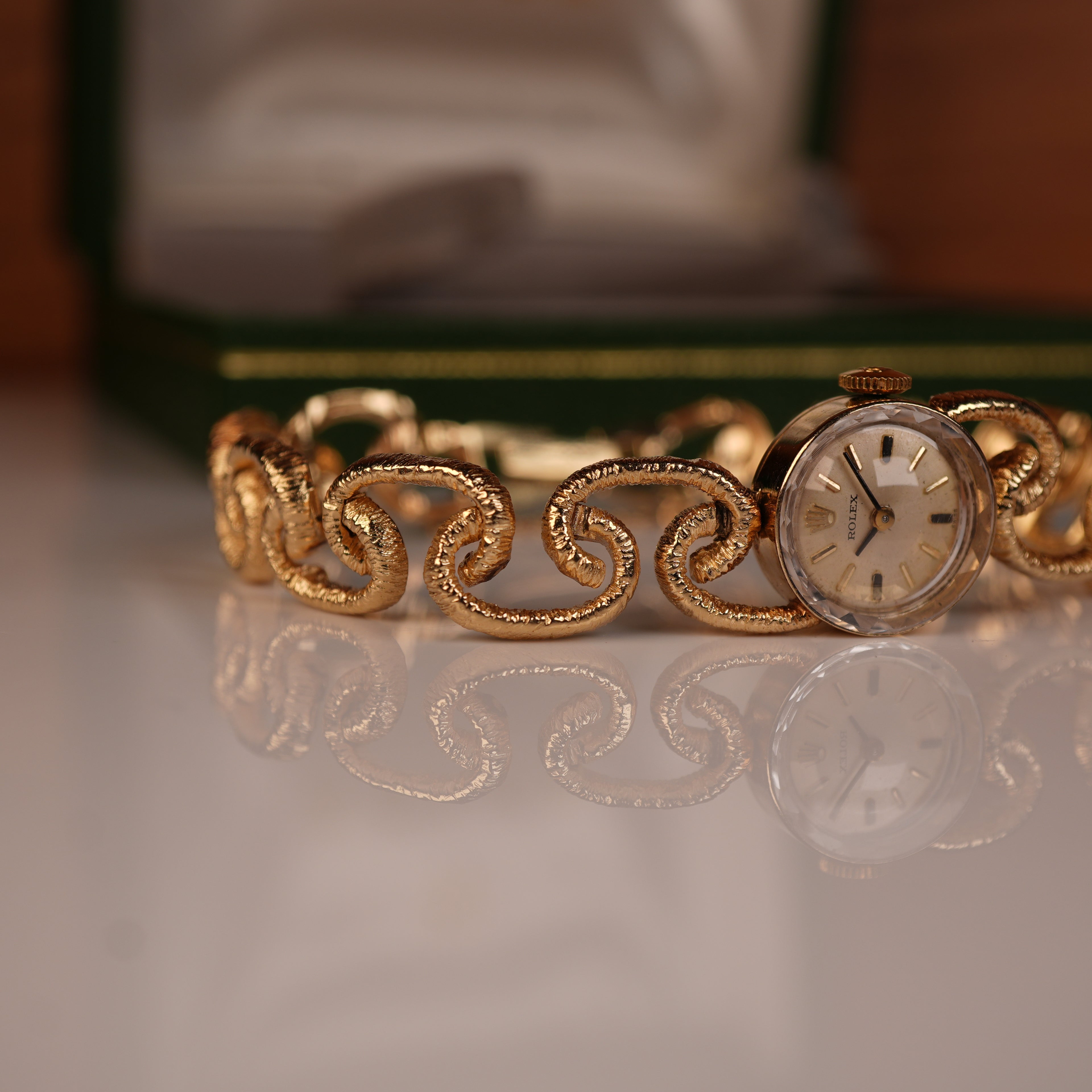 1970s Rolex “Golden Chain” Unique Mid-Century Cocktail Watch Solid Gold with Box