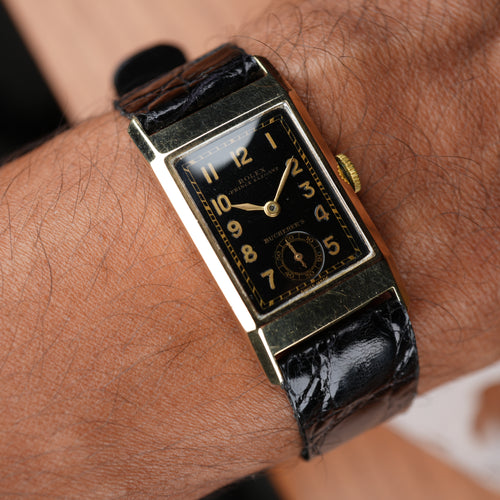 1934 Rolex Prince Ref. 2356 in 19K Gold Bucherer Retailed, Ultra-Rare Black Dial, Original Box