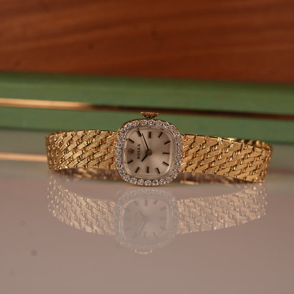 1970s Rolex Ladies Cocktail Watch 14K Solid Gold Factory Diamond Bezel & Original Box