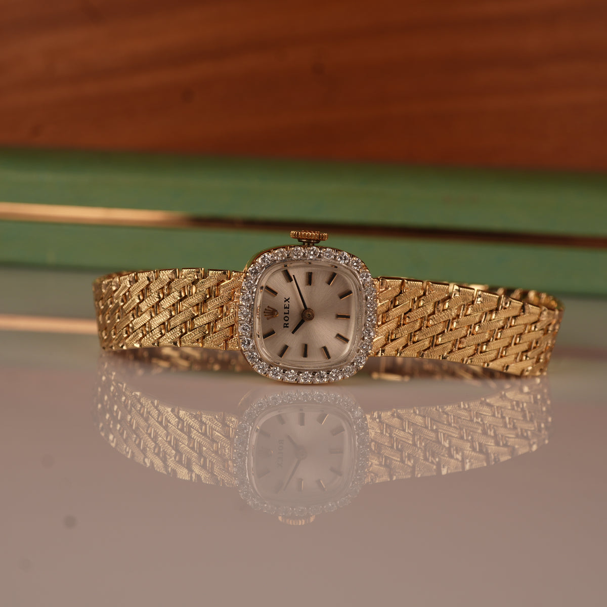 1970s Rolex Ladies Cocktail Watch 14K Solid Gold Factory Diamond Bezel & Original Box