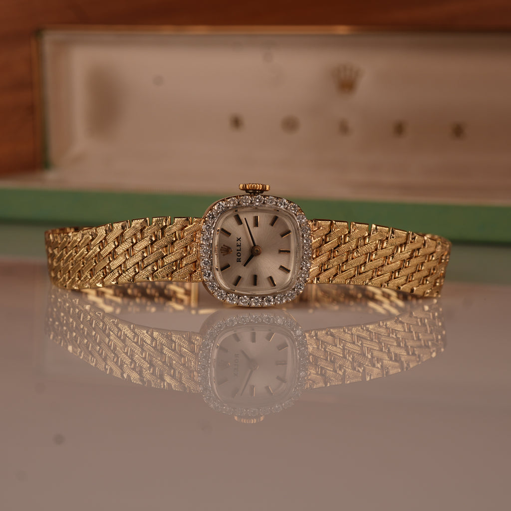 1970s Rolex Ladies Cocktail Watch 14K Solid Gold Factory Diamond Bezel & Original Box