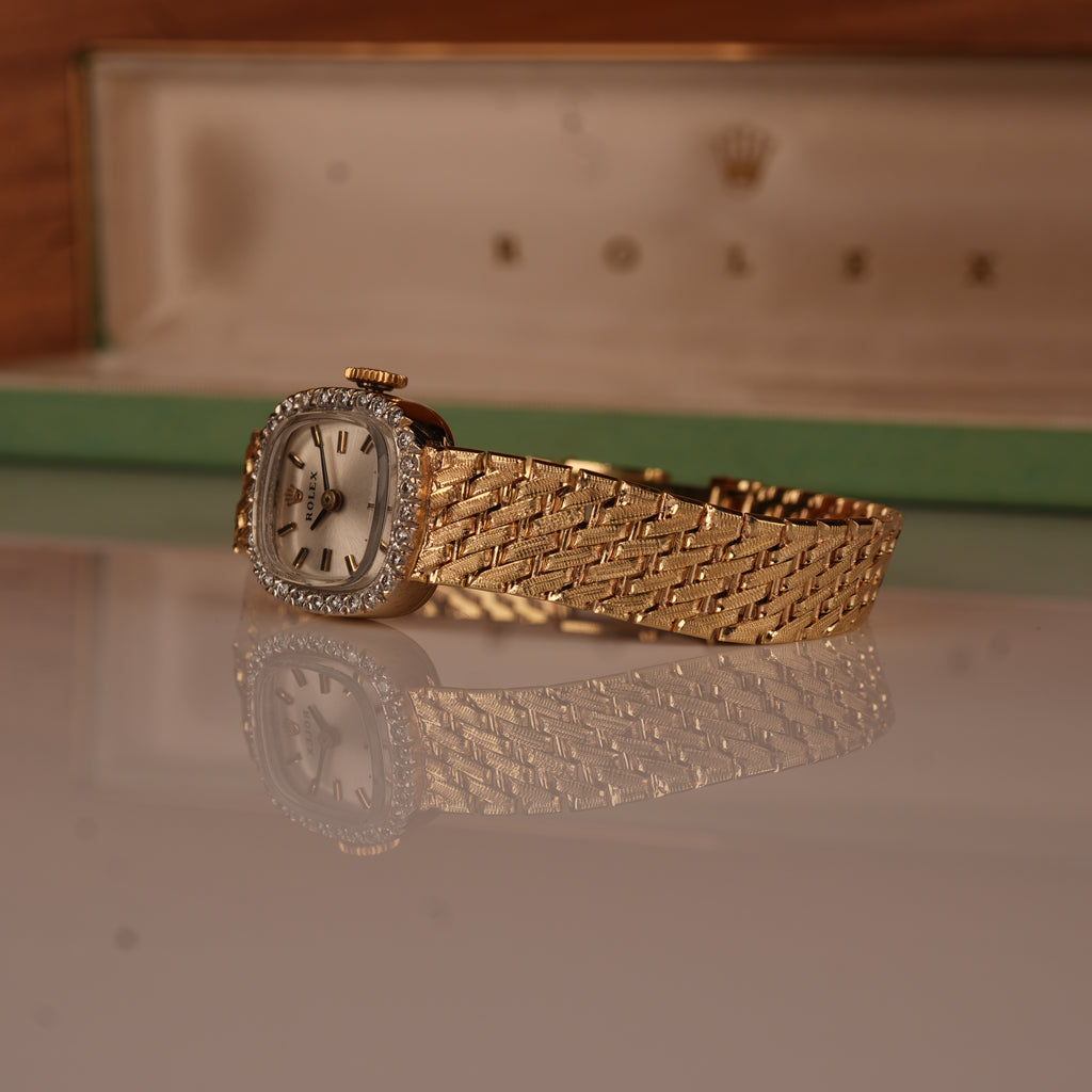1970s Rolex Ladies Cocktail Watch 14K Solid Gold Factory Diamond Bezel & Original Box