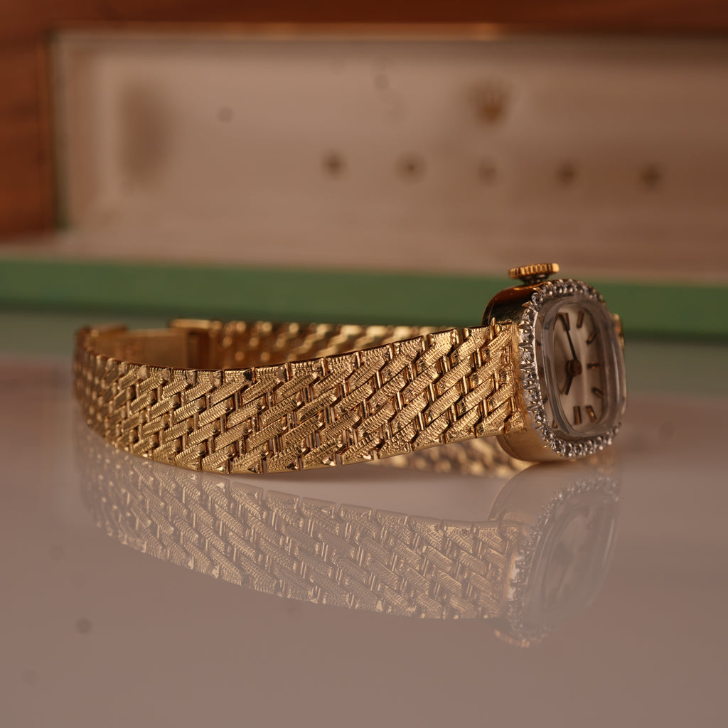 1970s Rolex Ladies Cocktail Watch 14K Solid Gold Factory Diamond Bezel & Original Box