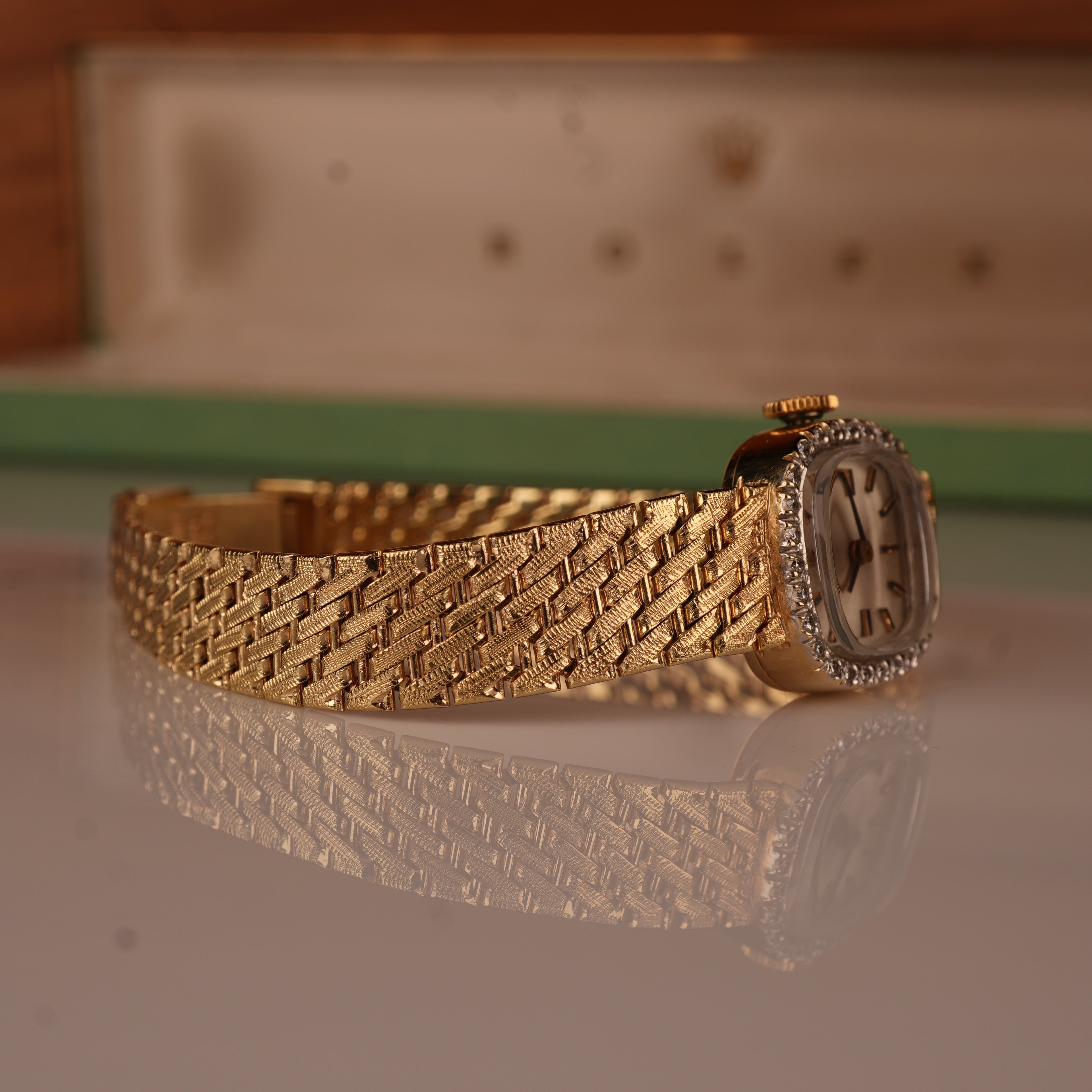 1970s Rolex Ladies Cocktail Watch 14K Solid Gold Factory Diamond Bezel & Original Box