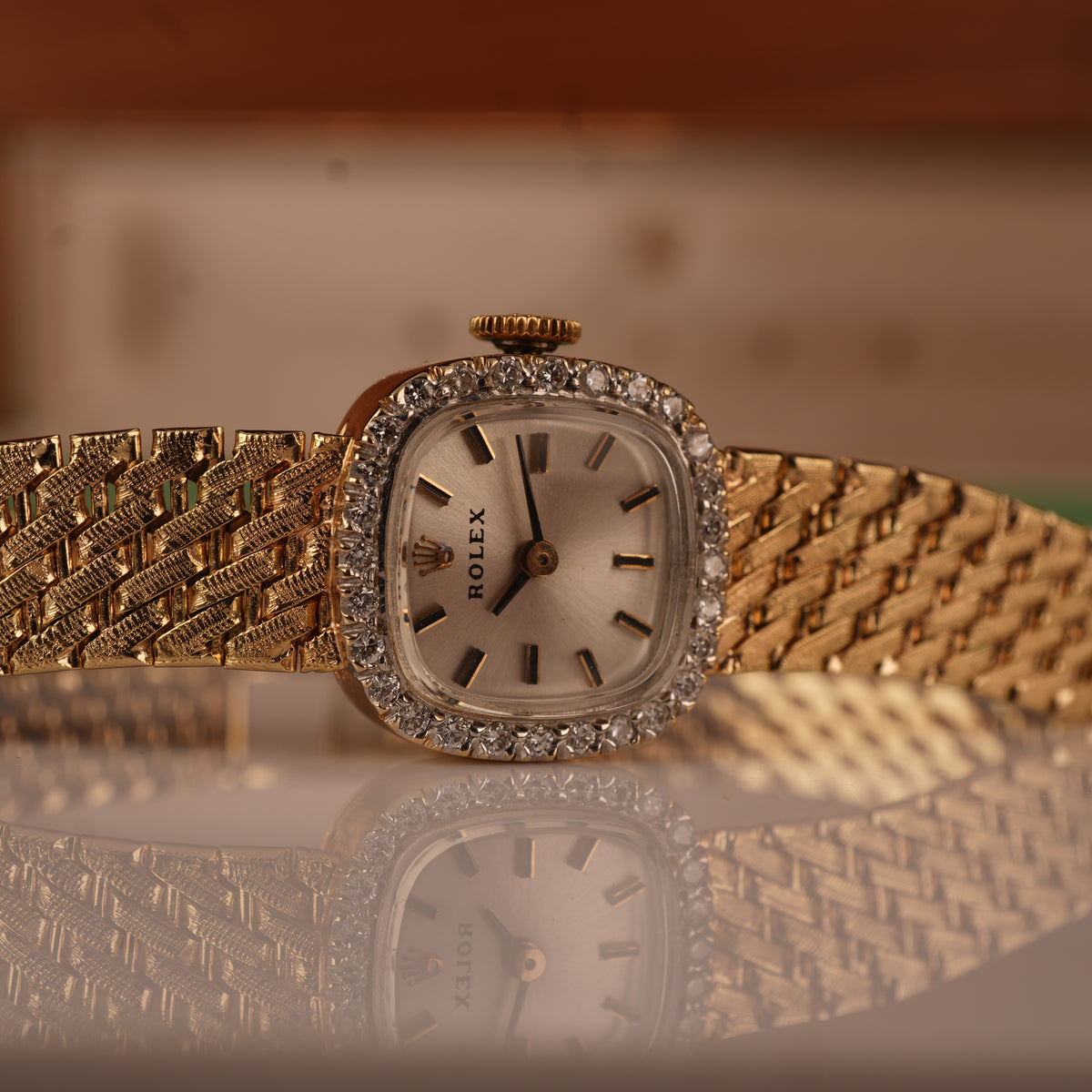 1970s Rolex Ladies Cocktail Watch 14K Solid Gold Factory Diamond Bezel & Original Box