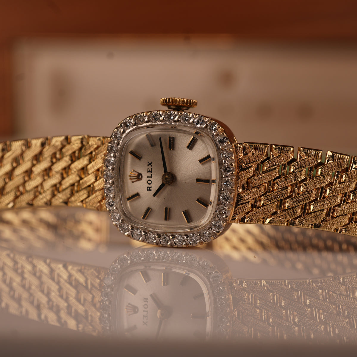 1970s Rolex Ladies Cocktail Watch 14K Solid Gold Factory Diamond Bezel & Original Box