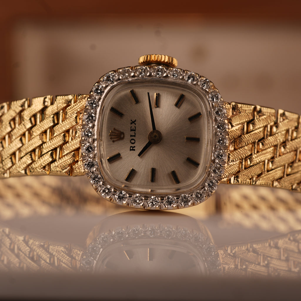 1970s Rolex Ladies Cocktail Watch 14K Solid Gold Factory Diamond Bezel & Original Box