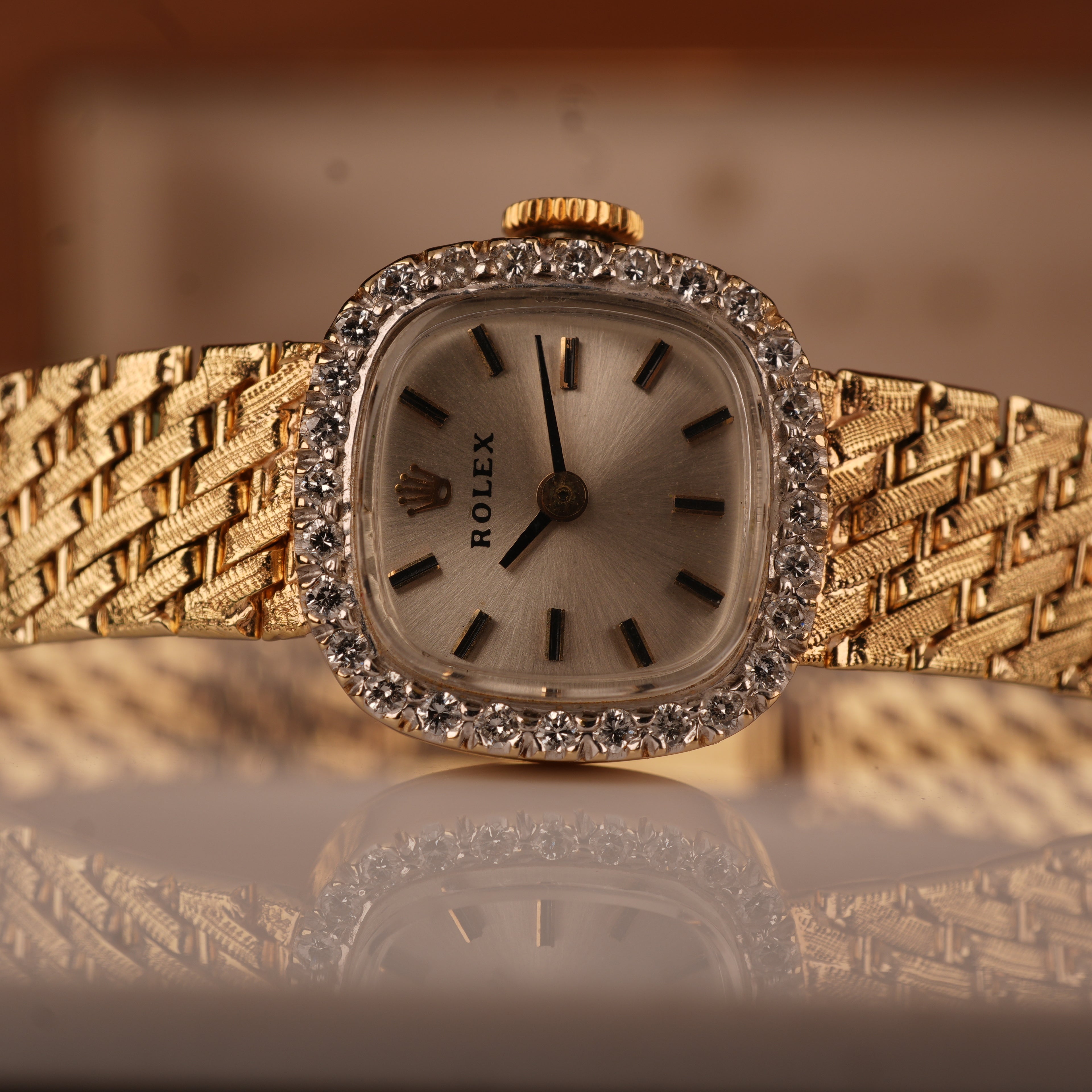 1970s Rolex Ladies Cocktail Watch 14K Solid Gold Factory Diamond Bezel & Original Box