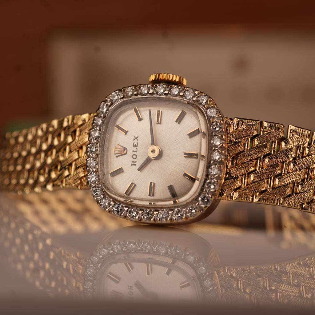 1970s Rolex Ladies Cocktail Watch 14K Solid Gold Factory Diamond Bezel & Original Box