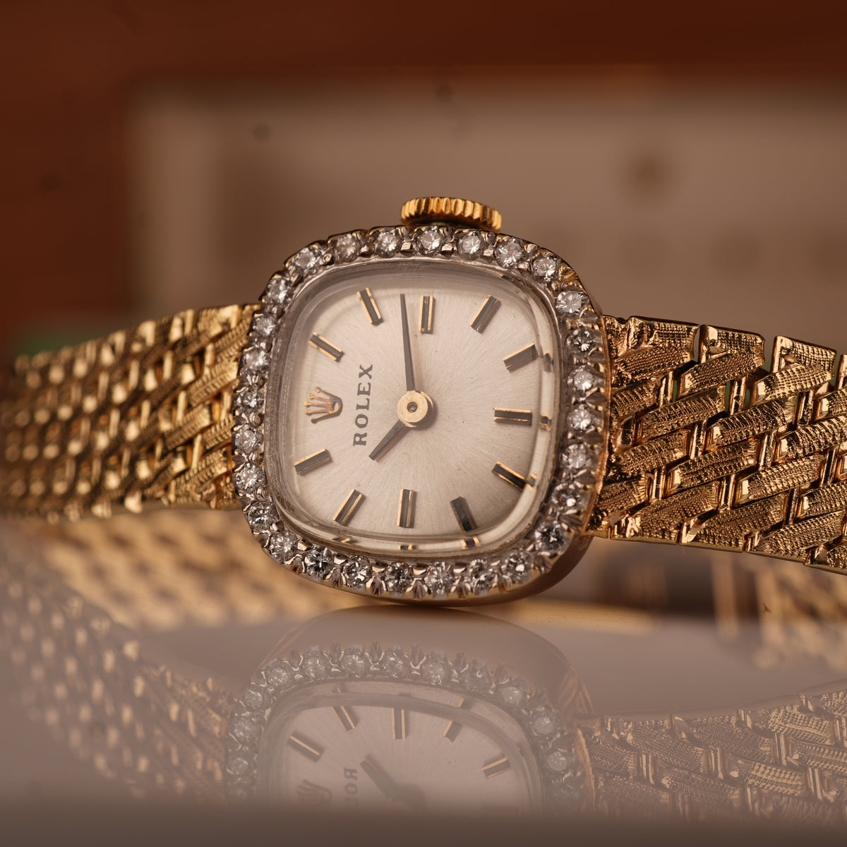 1970s Rolex Ladies Cocktail Watch 14K Solid Gold Factory Diamond Bezel & Original Box