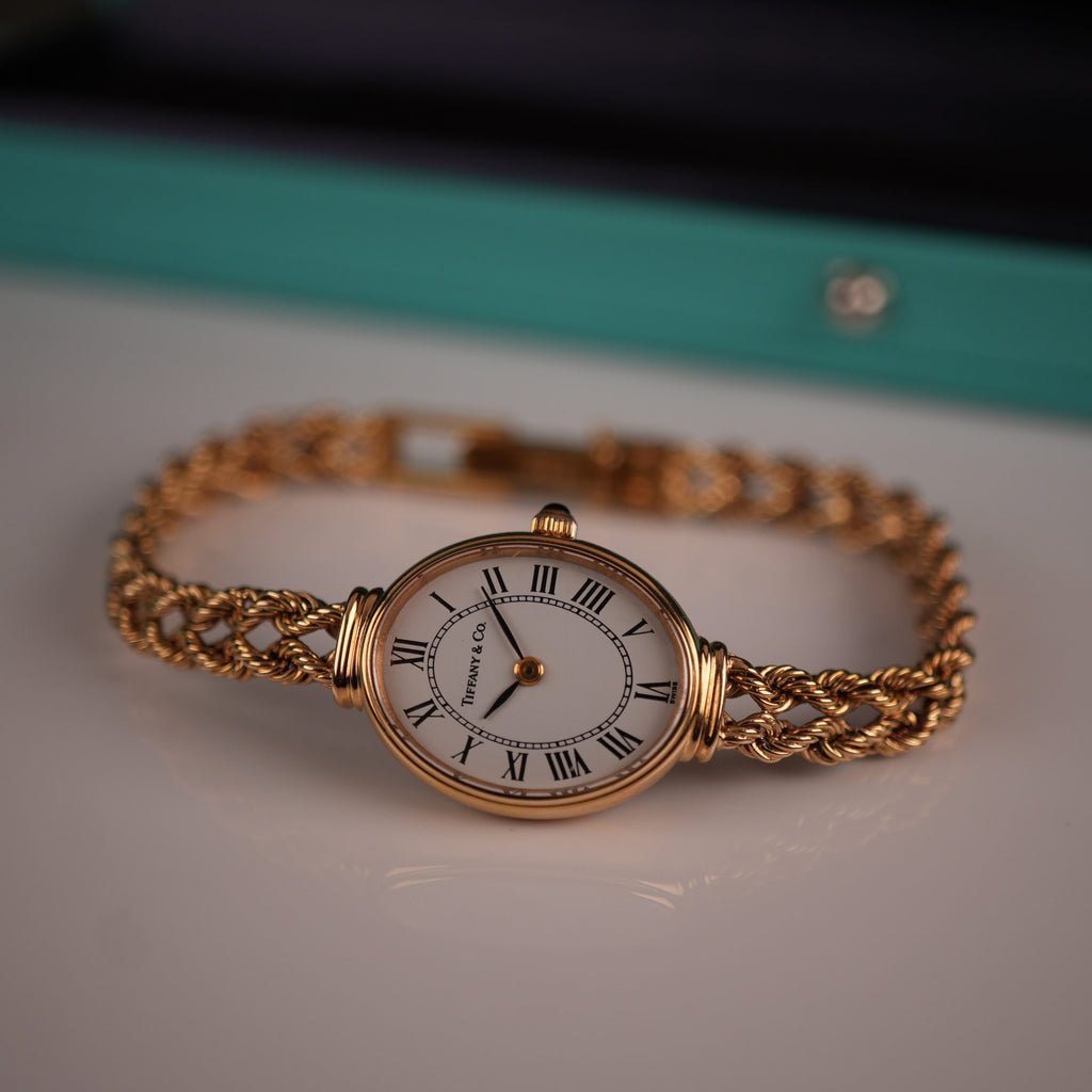 Tiffany & Co. 14k Solid Gold Ladies Oval Watch Roman Dial with Original Boxes