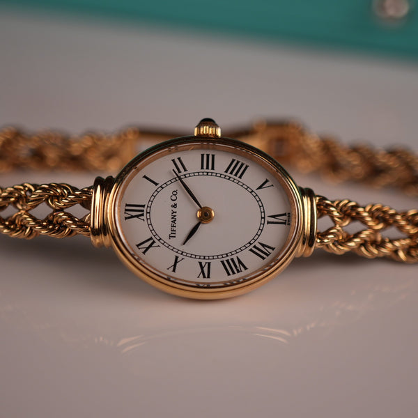 Tiffany & Co. 14k Solid Gold Ladies Oval Watch Roman Dial with Original Boxes
