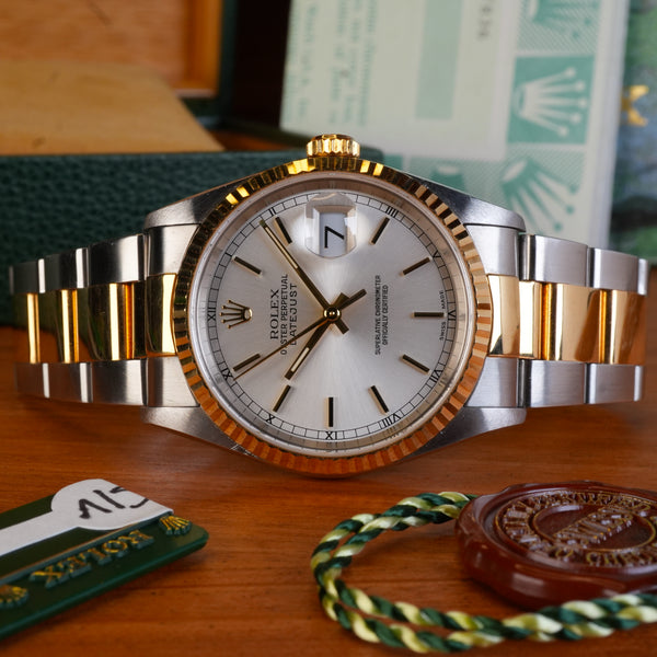 2001 Rolex Datejust 16233 Silver Dial Unpolished Box and papers Complete Collector set