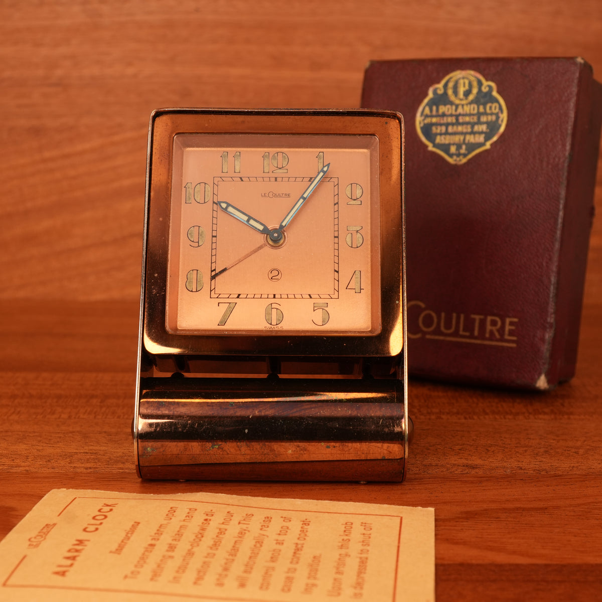 1940s Jaeger-LeCoultre LeCoultre Rose Gold Travel Alarm Clock Original Box & Papers