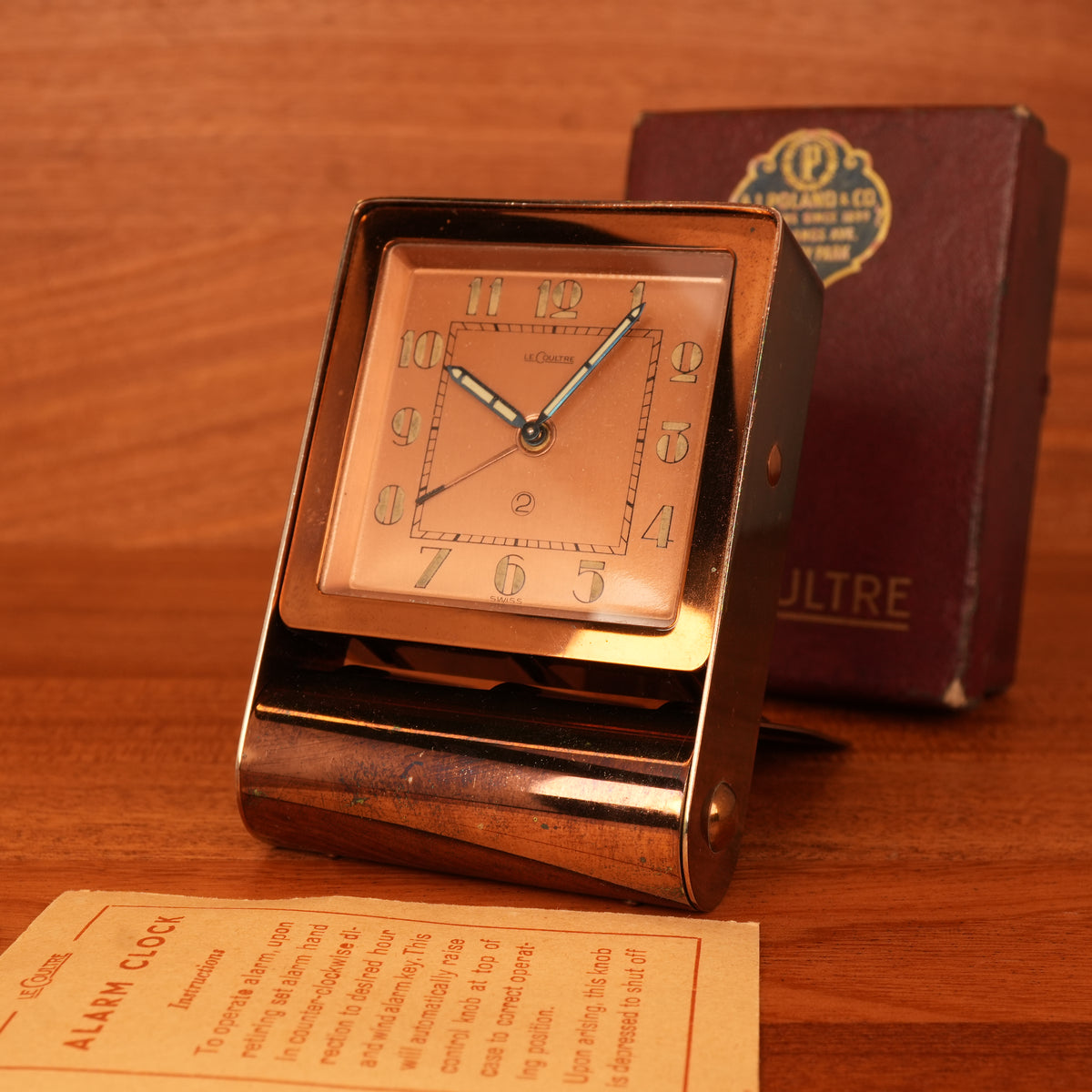 1940s Jaeger-LeCoultre LeCoultre Rose Gold Travel Alarm Clock Original Box & Papers