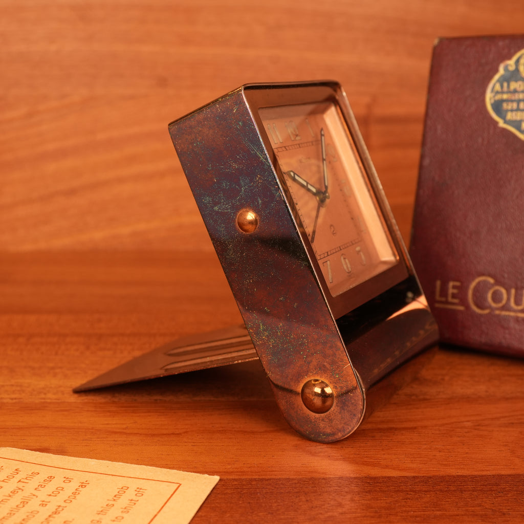 1940s Jaeger-LeCoultre LeCoultre Rose Gold Travel Alarm Clock Original Box & Papers