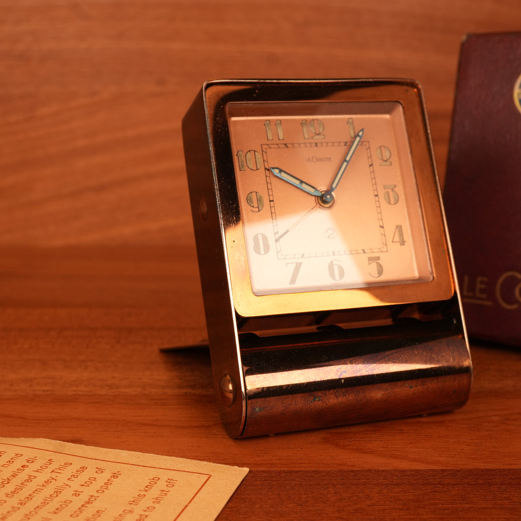 1940s Jaeger-LeCoultre LeCoultre Rose Gold Travel Alarm Clock Original Box & Papers
