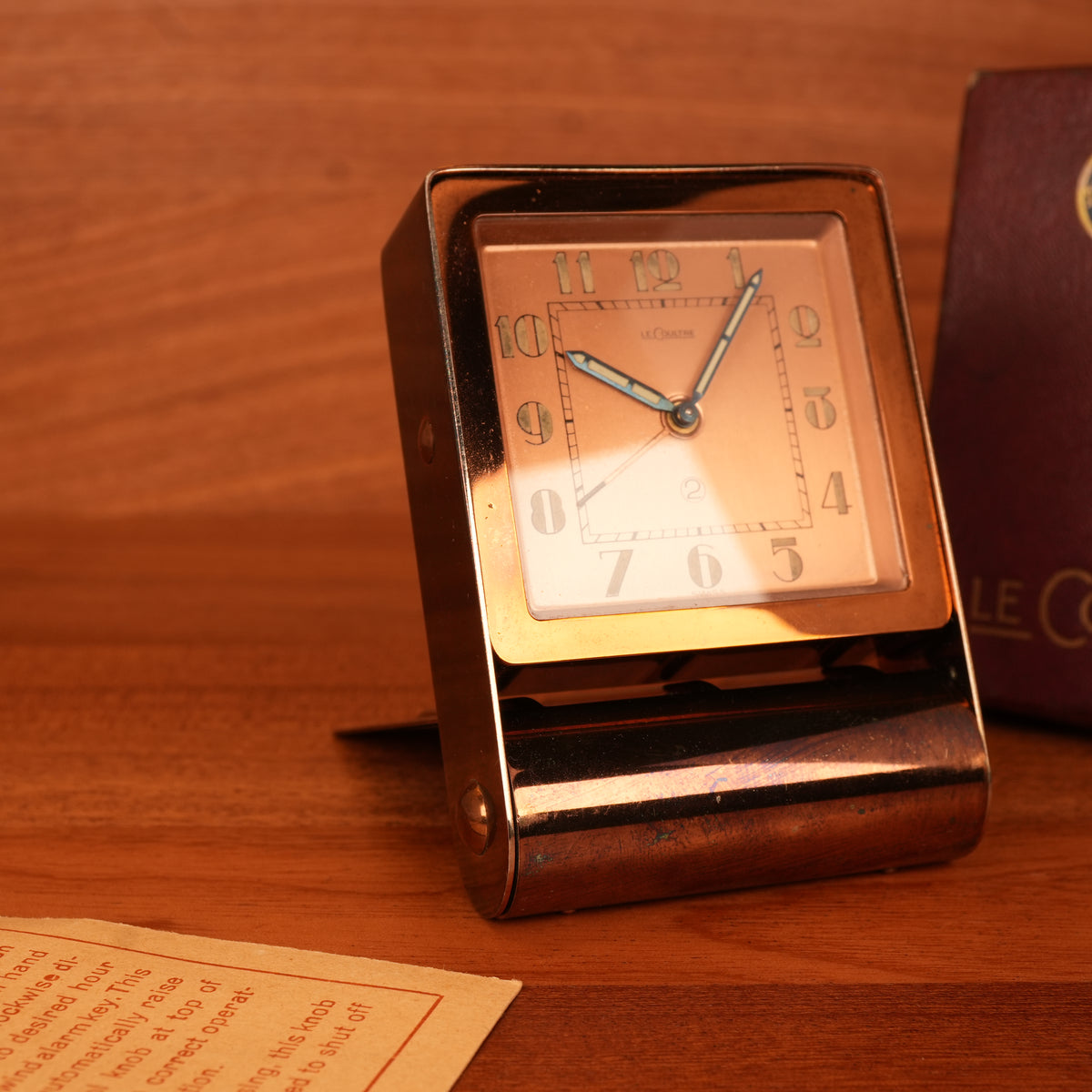 1940s Jaeger-LeCoultre LeCoultre Rose Gold Travel Alarm Clock Original Box & Papers