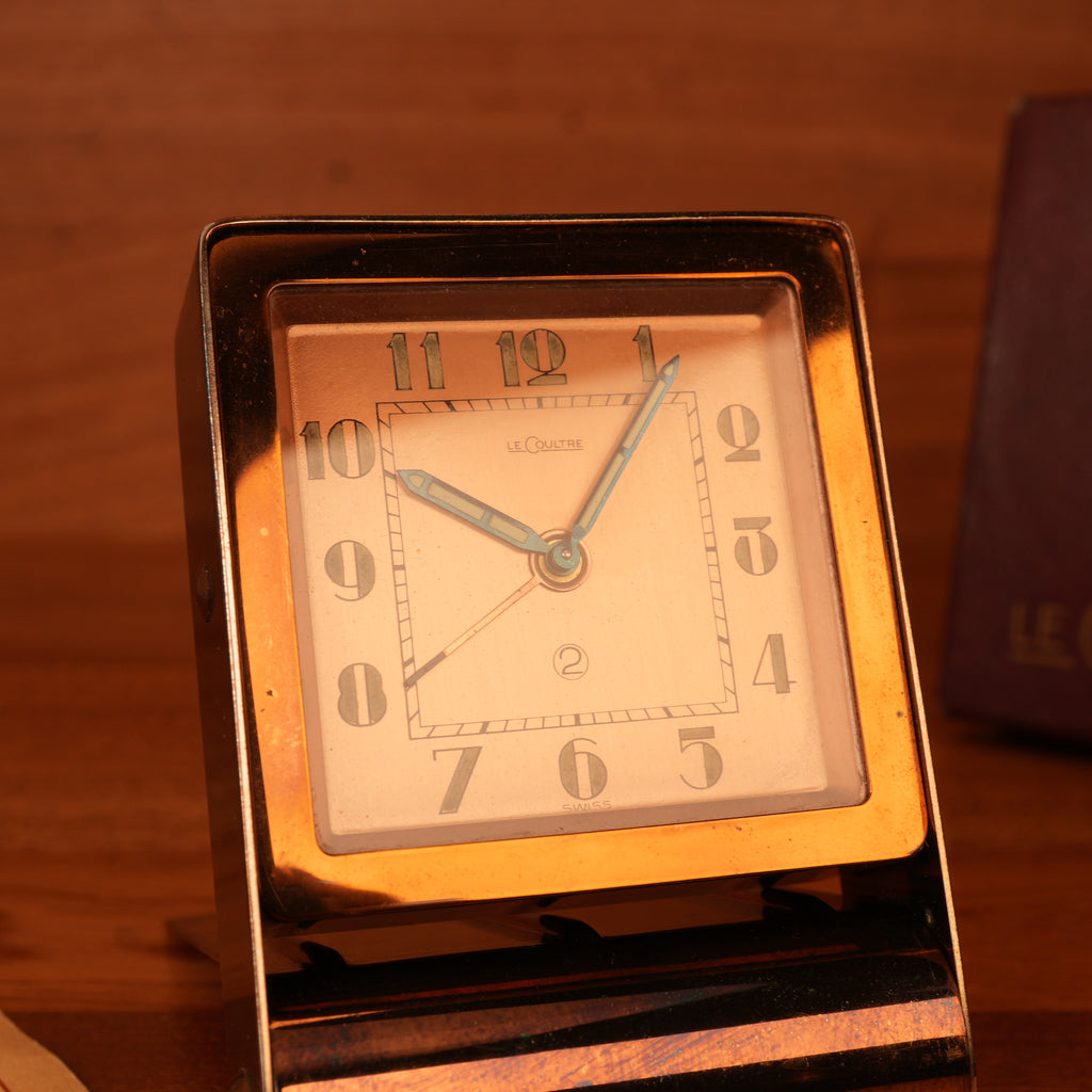 1940s Jaeger-LeCoultre LeCoultre Rose Gold Travel Alarm Clock Original Box & Papers