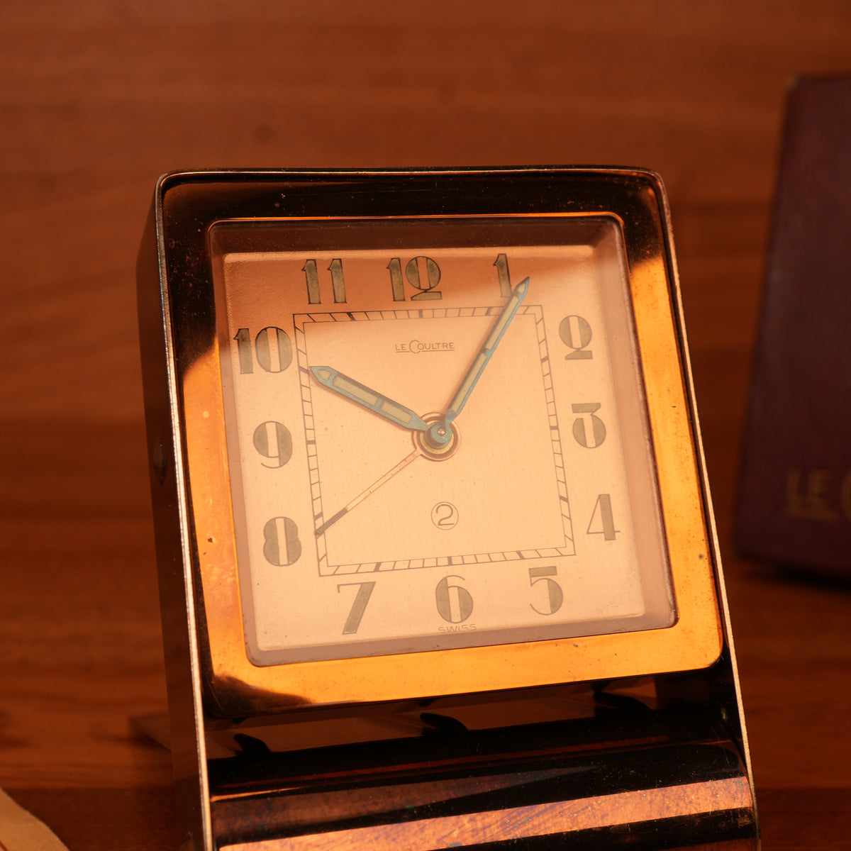 1940s Jaeger-LeCoultre LeCoultre Rose Gold Travel Alarm Clock Original Box & Papers