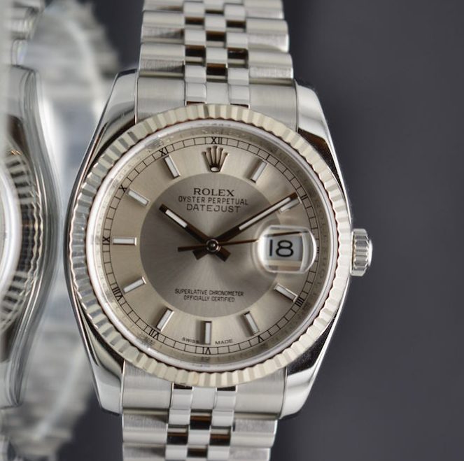 Rolex Datejust 116234 Steel 18K Fluted Bezel Silver Two Tone Dial
