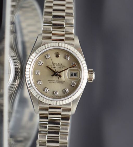 Rolex DateJust 69179 18k White Gold President Factory Diamonds
