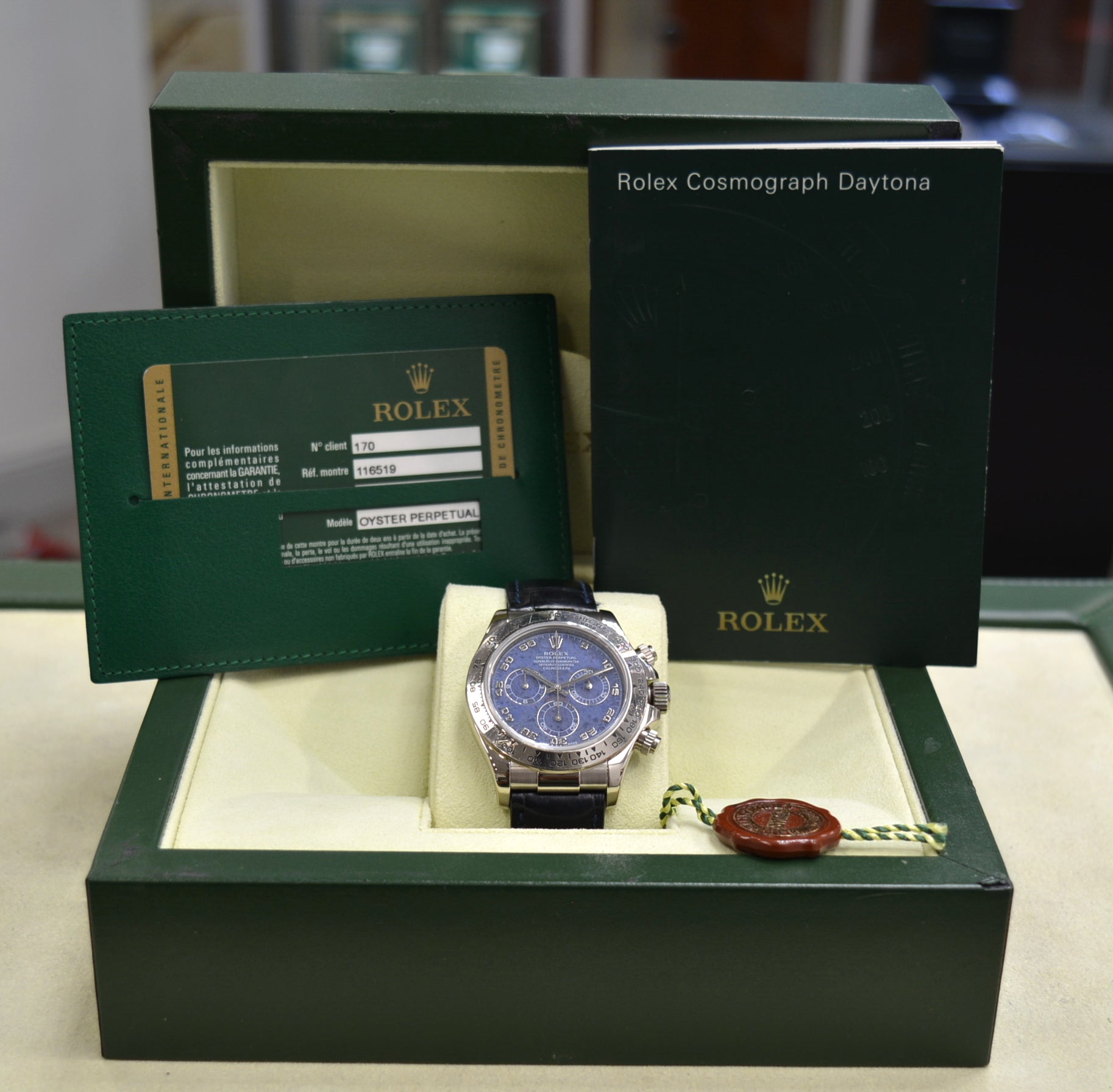 Rolex 116519 Daytona White Gold 18k Box and Card engraving Full Sodalite Dial