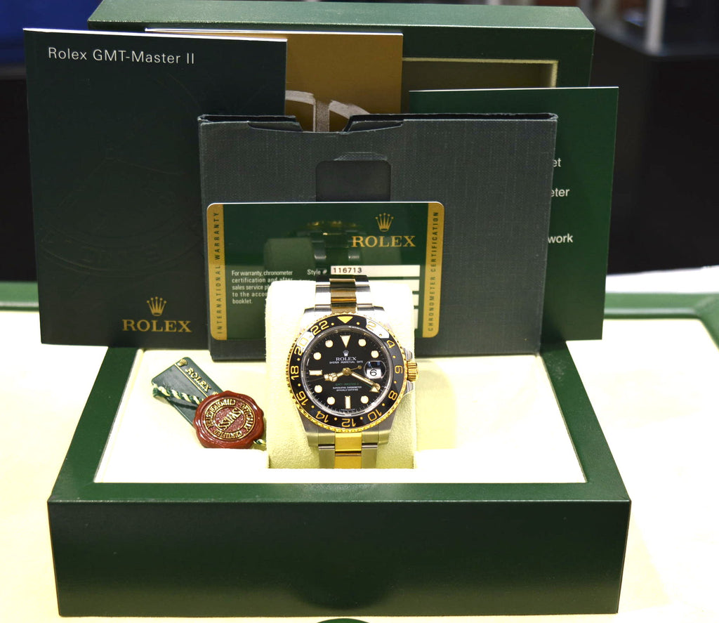 Rolex GMT Master II 116713 18k Y Gold & Steel 2 Tone Box & papers