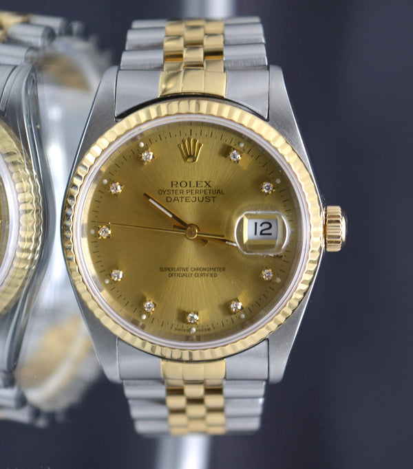 Rolex DateJust 16233 18k Yellow Gold & Steel 36mm Factory Diamond