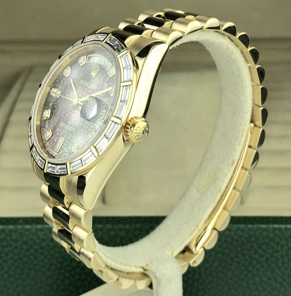 2003 Rolex Day-Date 118238 Factory Baguette Bezel & Jubilee Black MOP Dial