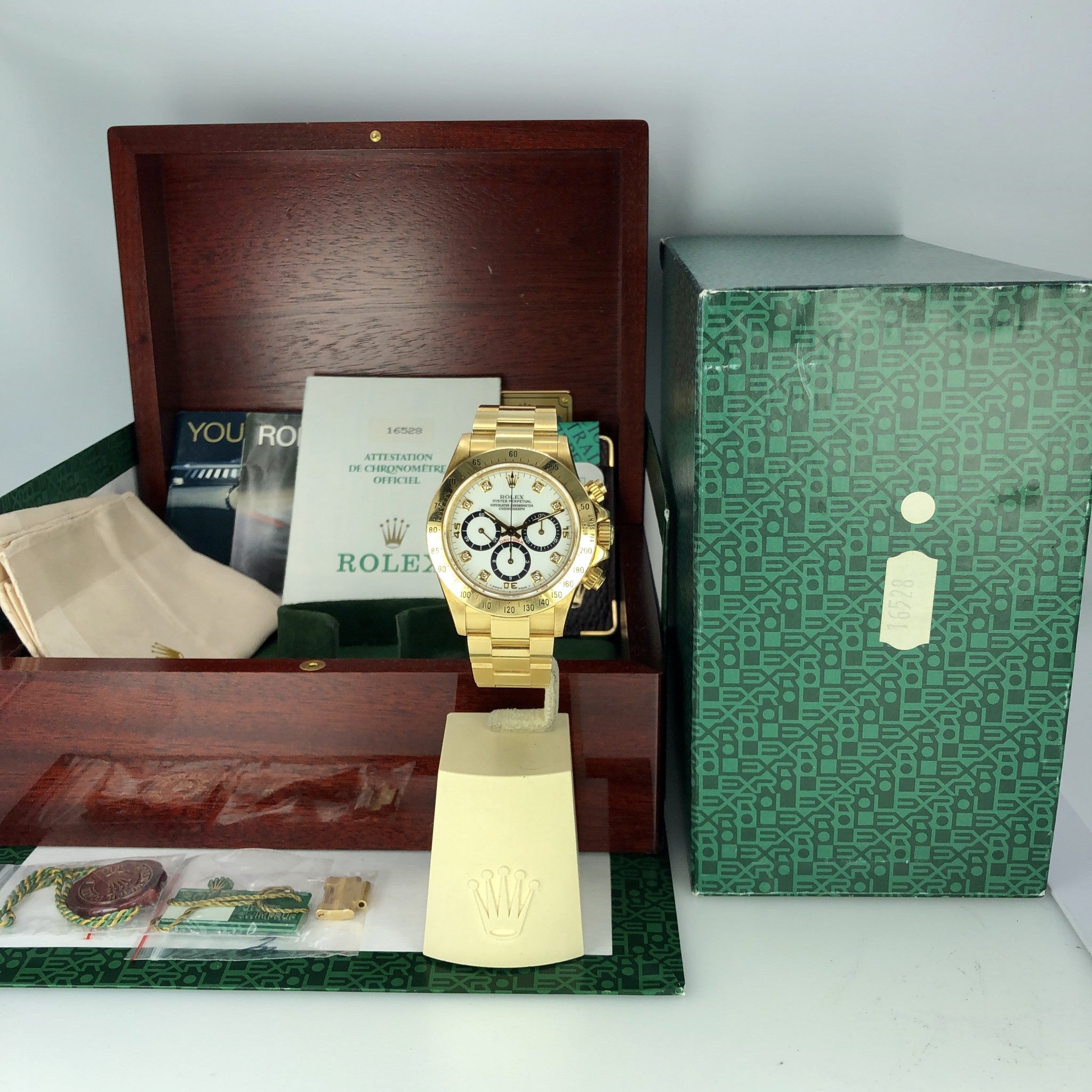 1988 Vintage Rolex Daytona 16528 Zenith Porcelain Diamonds 4 line Dial R Serial Full Set Paper Box