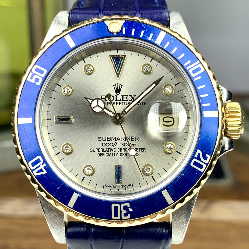 1986 Vintage Rolex Submariner 16803 18k gold & Steel Gray Serti Diamonds Dial