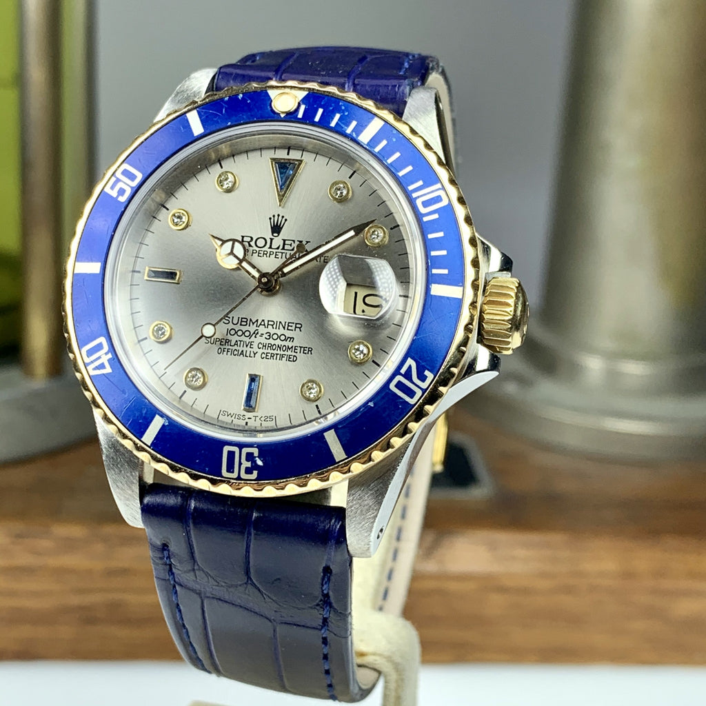 1986 Vintage Rolex Submariner 16803 18k gold & Steel Gray Serti Diamonds Dial