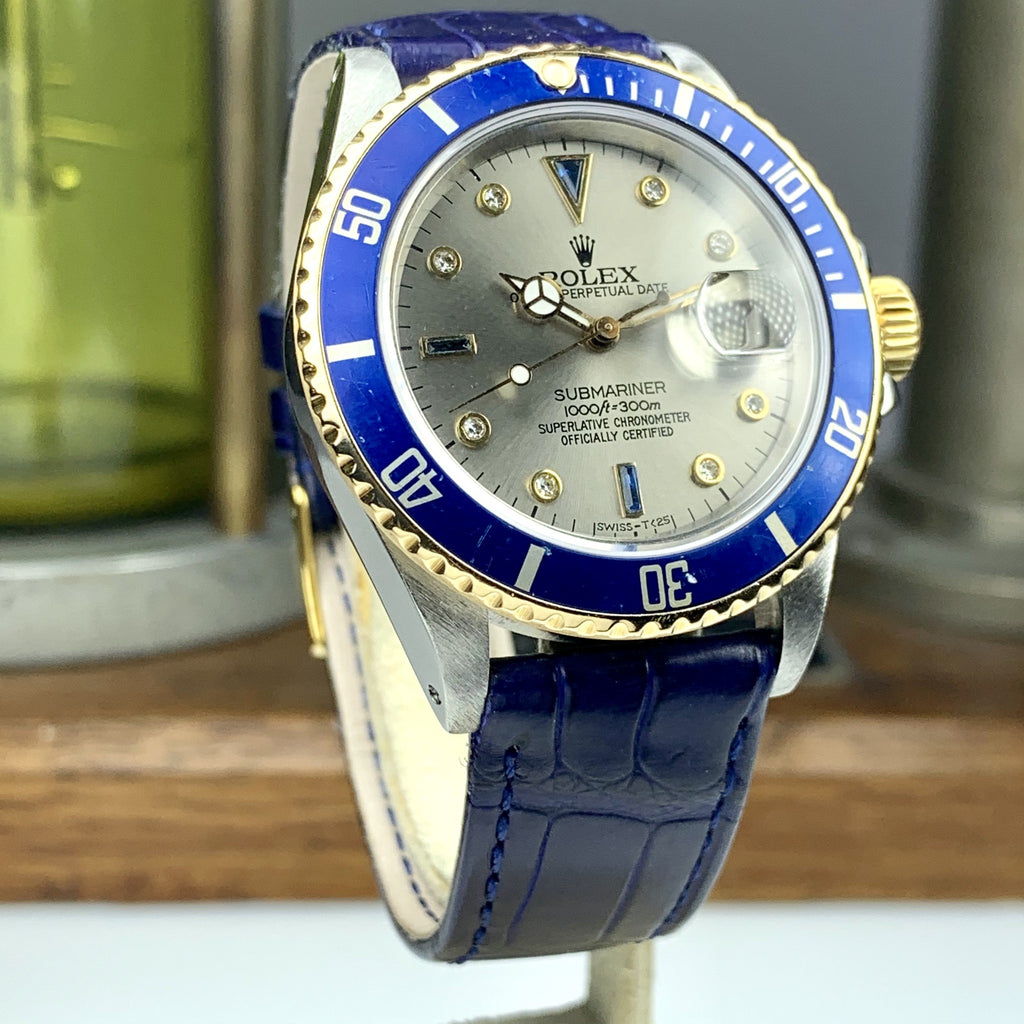 1986 Vintage Rolex Submariner 16803 18k gold & Steel Gray Serti Diamonds Dial