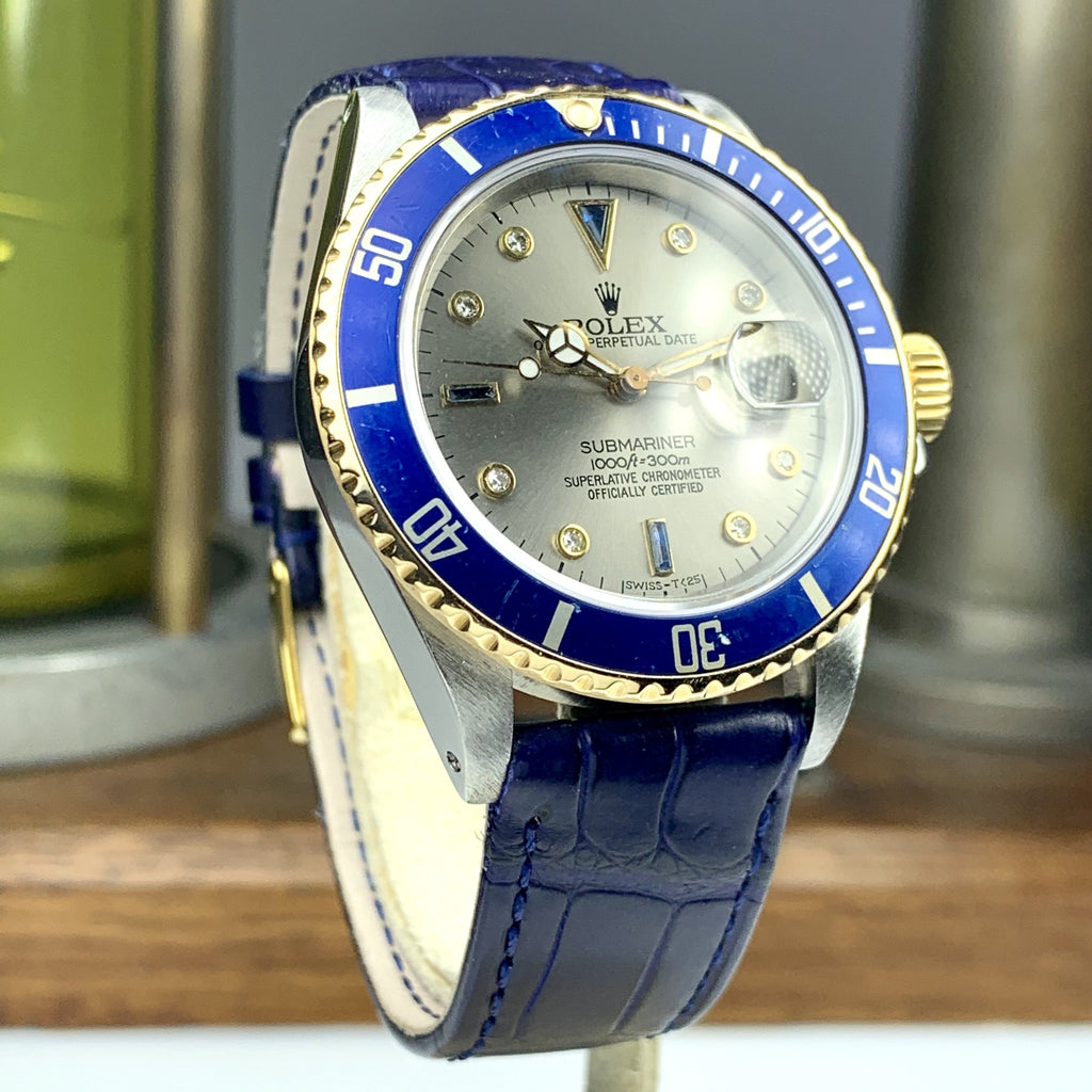 1986 Vintage Rolex Submariner 16803 18k gold & Steel Gray Serti Diamonds Dial