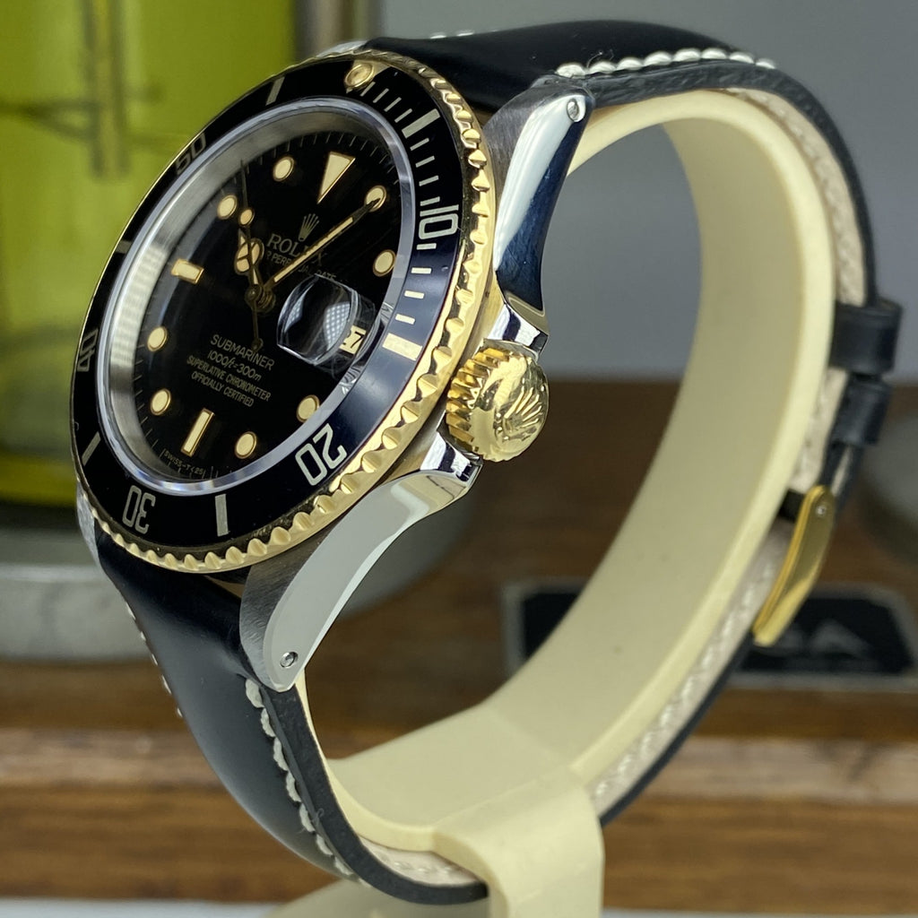 1986 Vintage Rolex 16803 Submariner 2 Tone Gold & Steel Black Patina Dial
