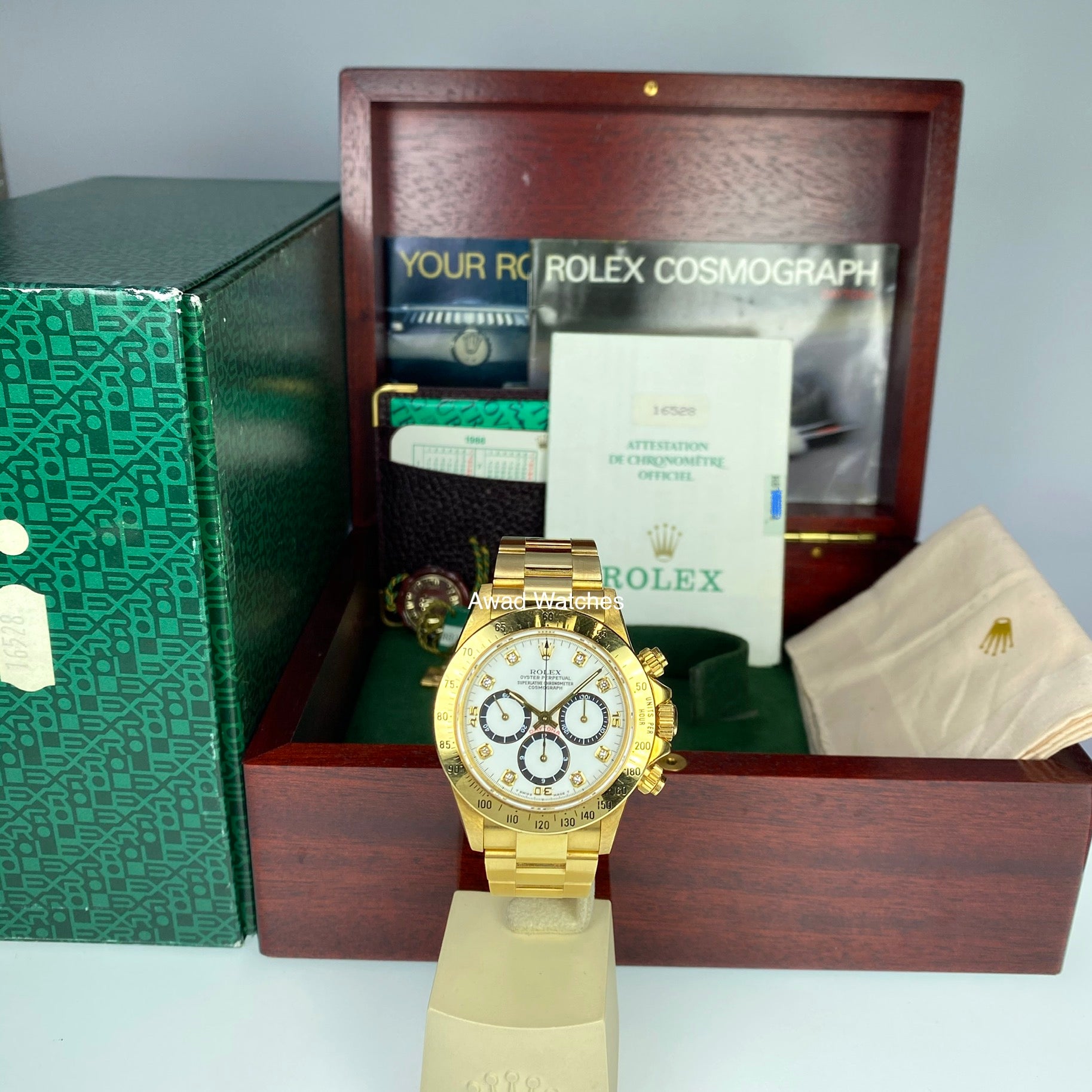 1988 Vintage Rolex Daytona 16528 Zenith Porcelain Diamonds 4 line Dial R Serial Full Set Paper Box