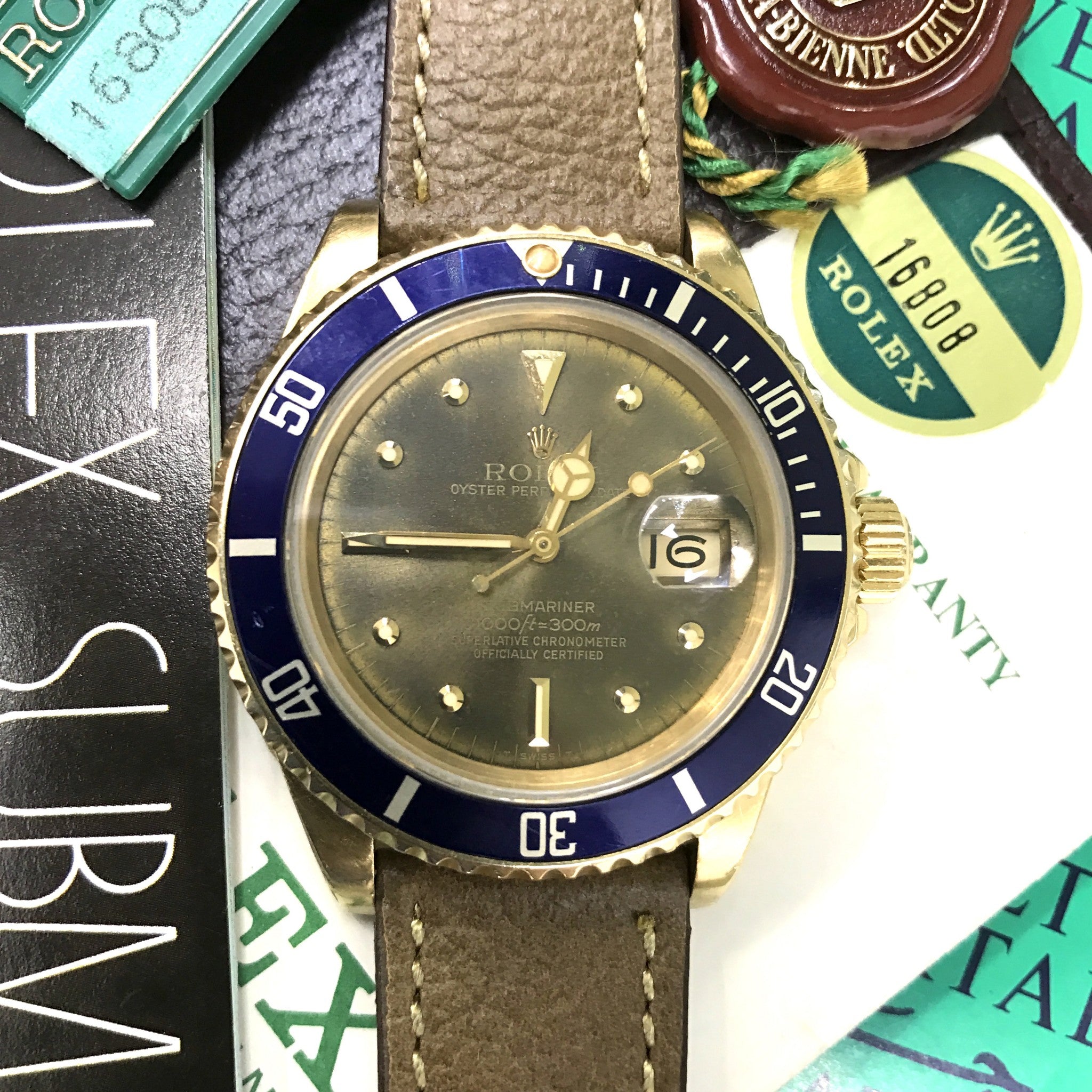 Rolex Submariner 16808 Gold Tropical Green Dial Full Set Papers