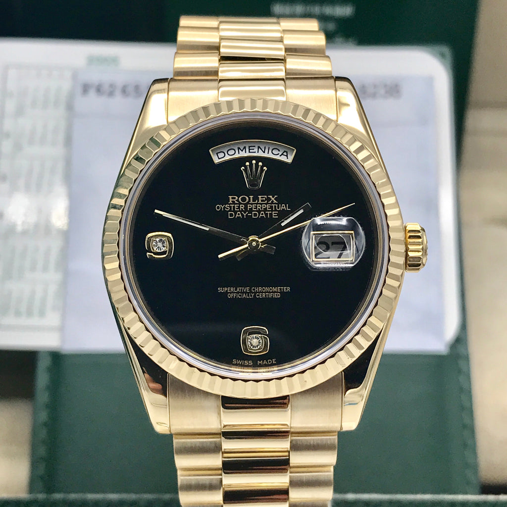 Rolex Day Date 118238 soild 18k gold Onyx Diamond dial Full set box and papers
